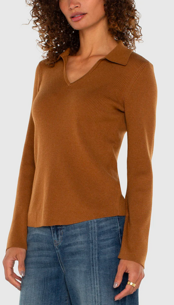 Long Sleeve V Neck Collared Sweater