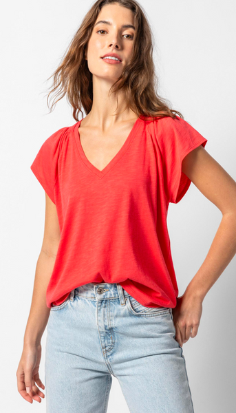 Shirred Shoulder V-Neck