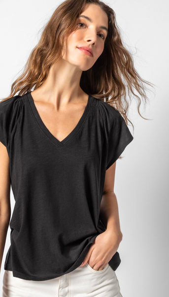 Shirred Shoulder V-Neck