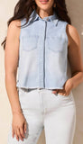 Crop Sleeveless Denim Shirt with Fray Hem