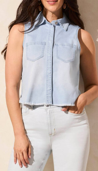 Crop Sleeveless Denim Shirt with Fray Hem