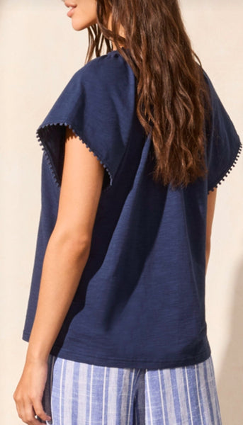 Short Sleeve Split Neck Top With Tassel