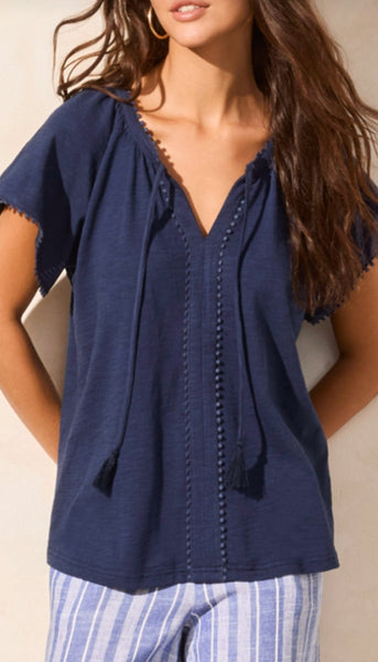 Short Sleeve Split Neck Top With Tassel