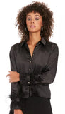 Collared Satin Blouse with Feather Trim Cuffs