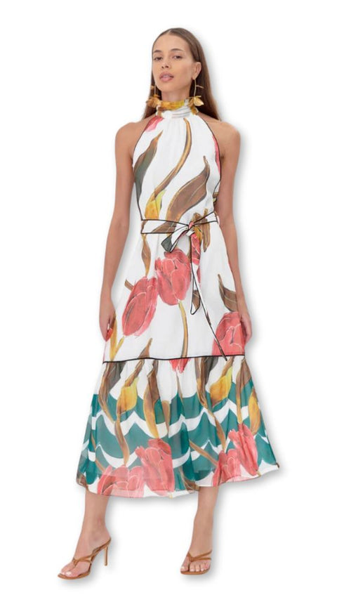 Maisy Neck Tie Print Tiered Maxi Dress