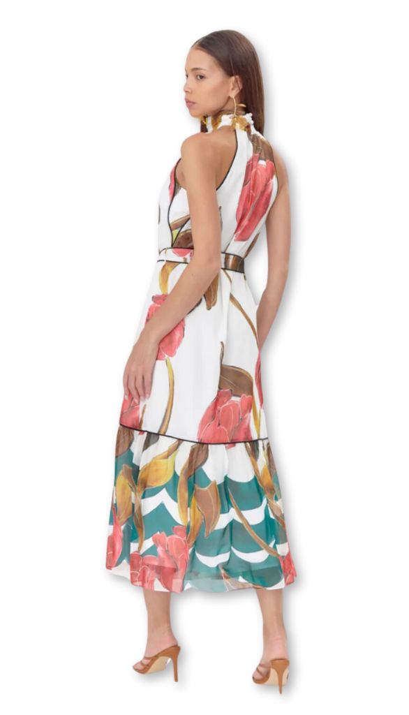 Maisy Neck Tie Print Tiered Maxi Dress