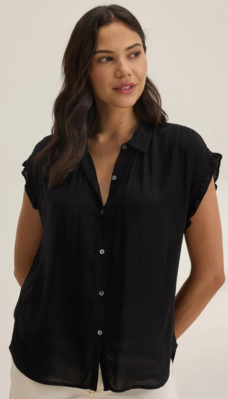 Collared Satin Blouse with Feather Trim Cuffs