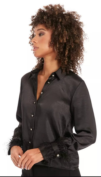 Collared Satin Blouse with Feather Trim Cuffs