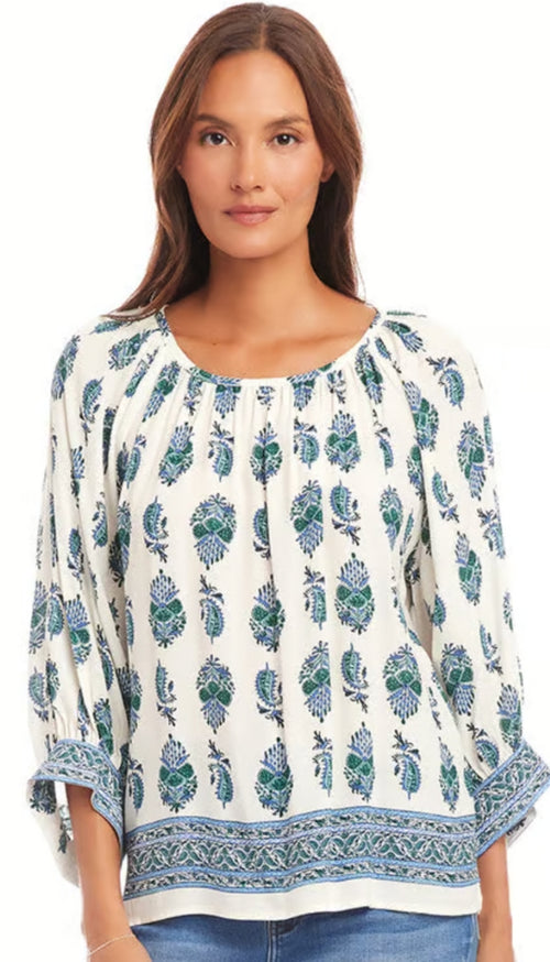 Border Print Peasant Top