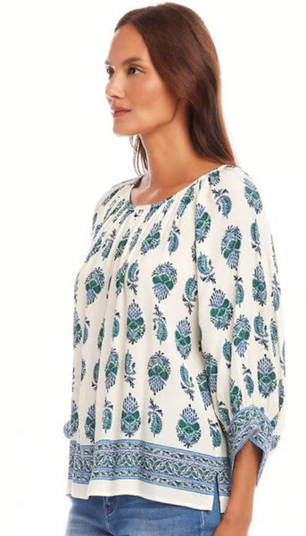 Border Print Peasant Top