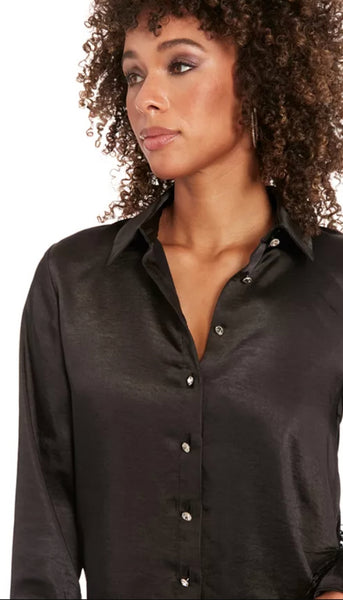 Collared Satin Blouse with Feather Trim Cuffs