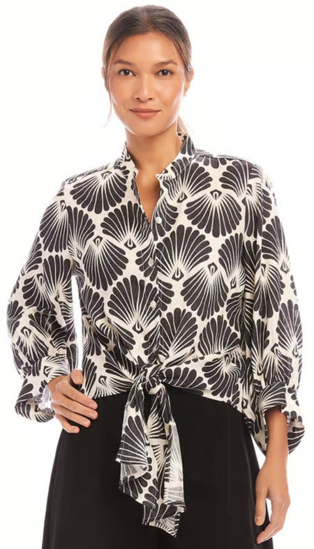 Collared Satin Blouse with Feather Trim Cuffs