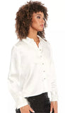 Collared Satin Blouse with Feather Trim Cuffs