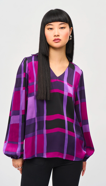 Satin Abstract Plaid Print Top